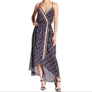 Spirit Of Grace Navy Blue Floral Faux Wrap Maxi Dress size L in Excellent Condit